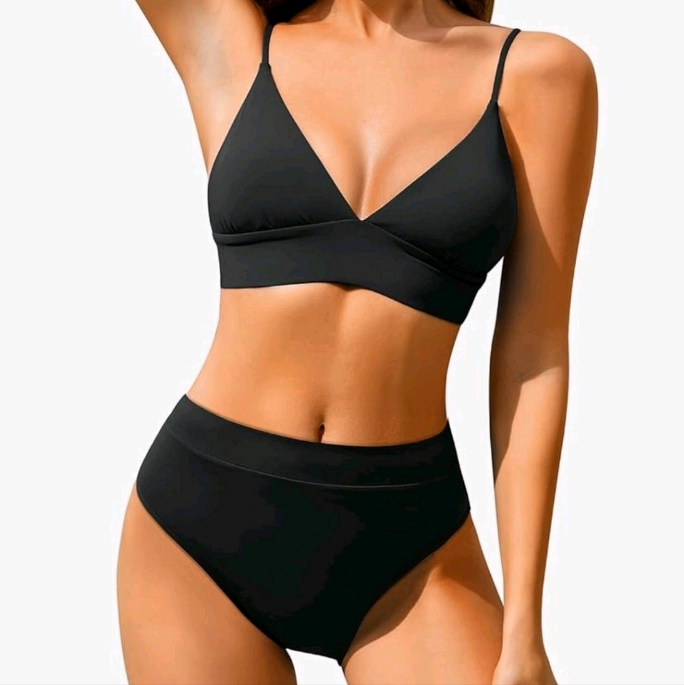 NWT Tempt Me Women's Small High waisted bikini two pc Triangle swimsuit black